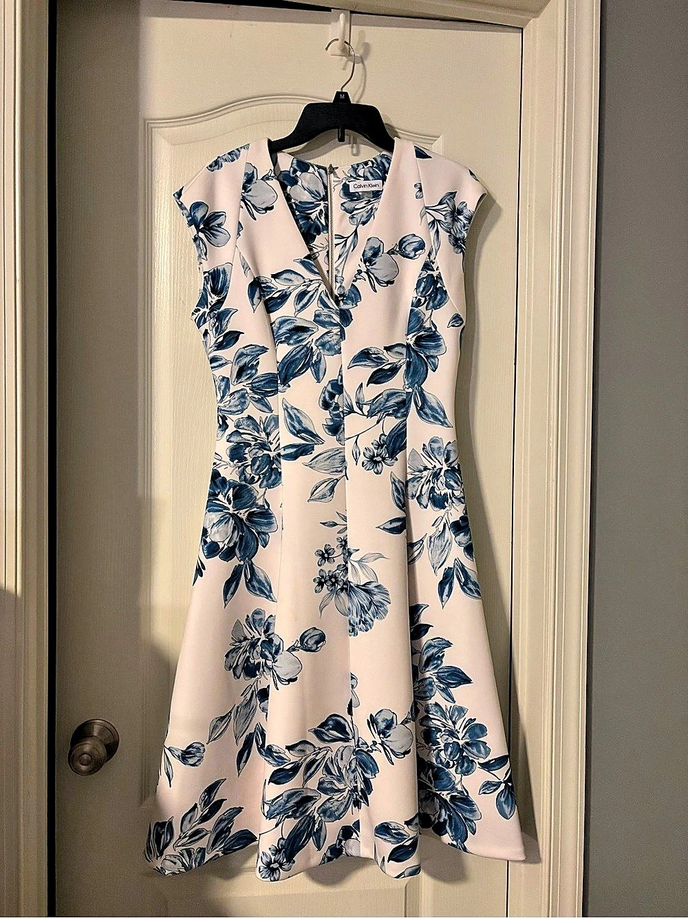 Calvin Klein Floral Midi Dress in White & Blue